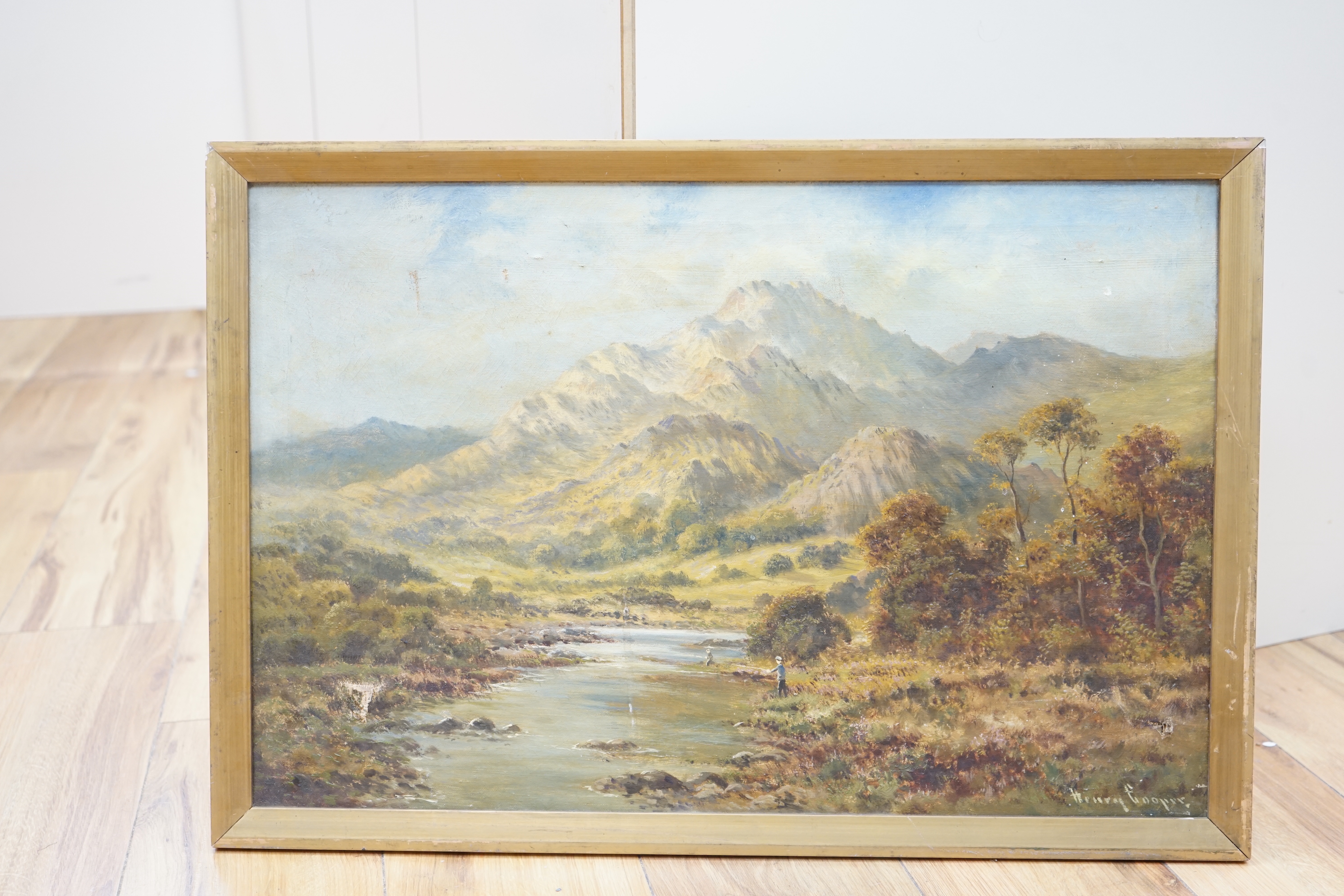 Henry Cooper (fl. 1910-1935), oil on canvas, Anglers in the highlands, signed, 40 x 60cm (a.f.)